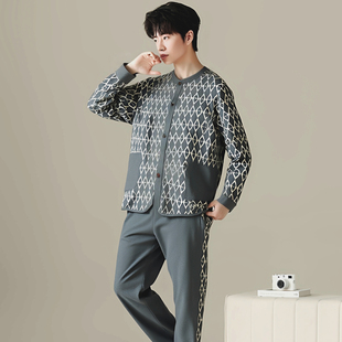 绮瑞家居服男士春秋纯棉休闲套装秋冬季加厚针织提花男款长袖睡衣