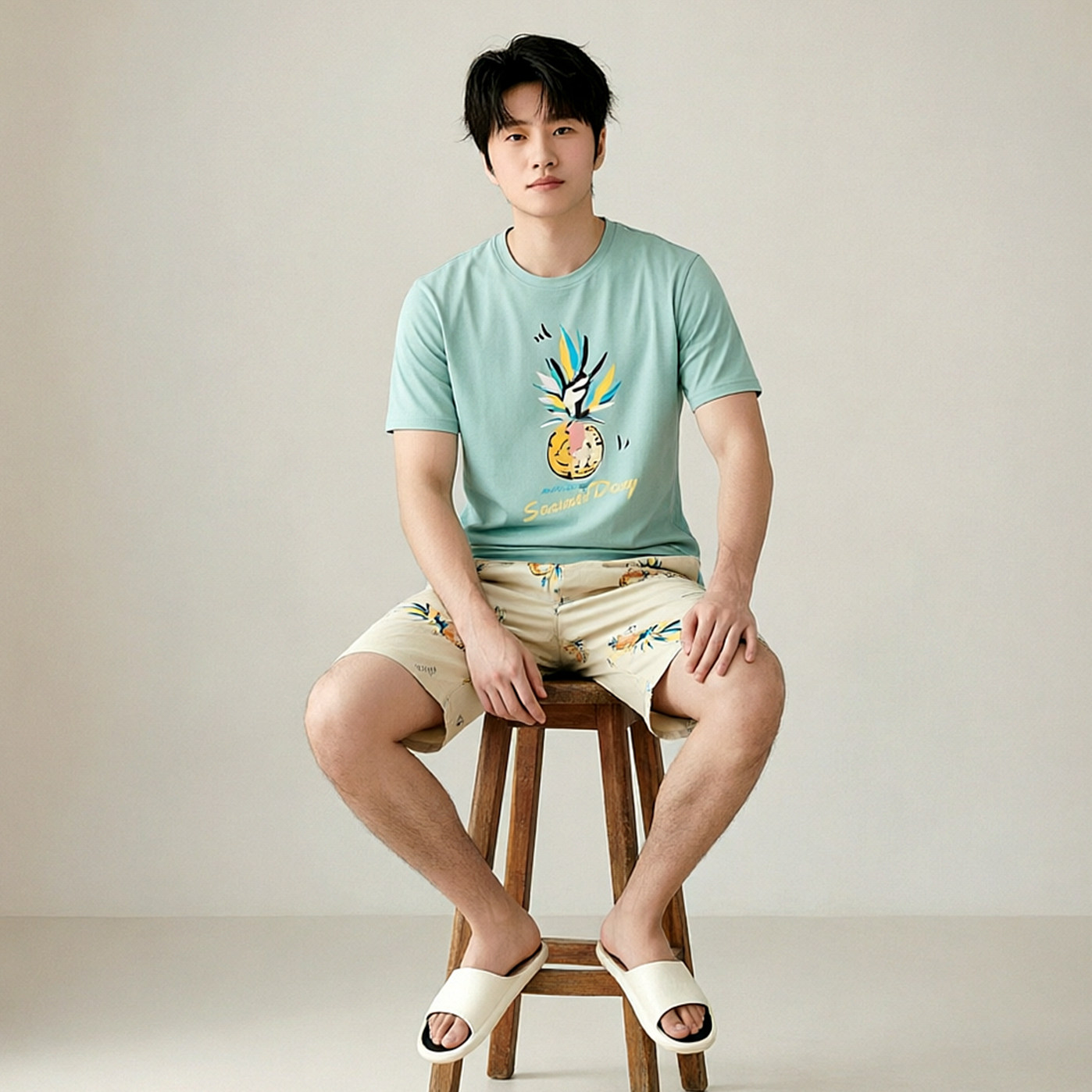 绮瑞夏季情侣睡衣短袖女夏七分裤纯棉睡衣休闲男夏款休闲圆领套装