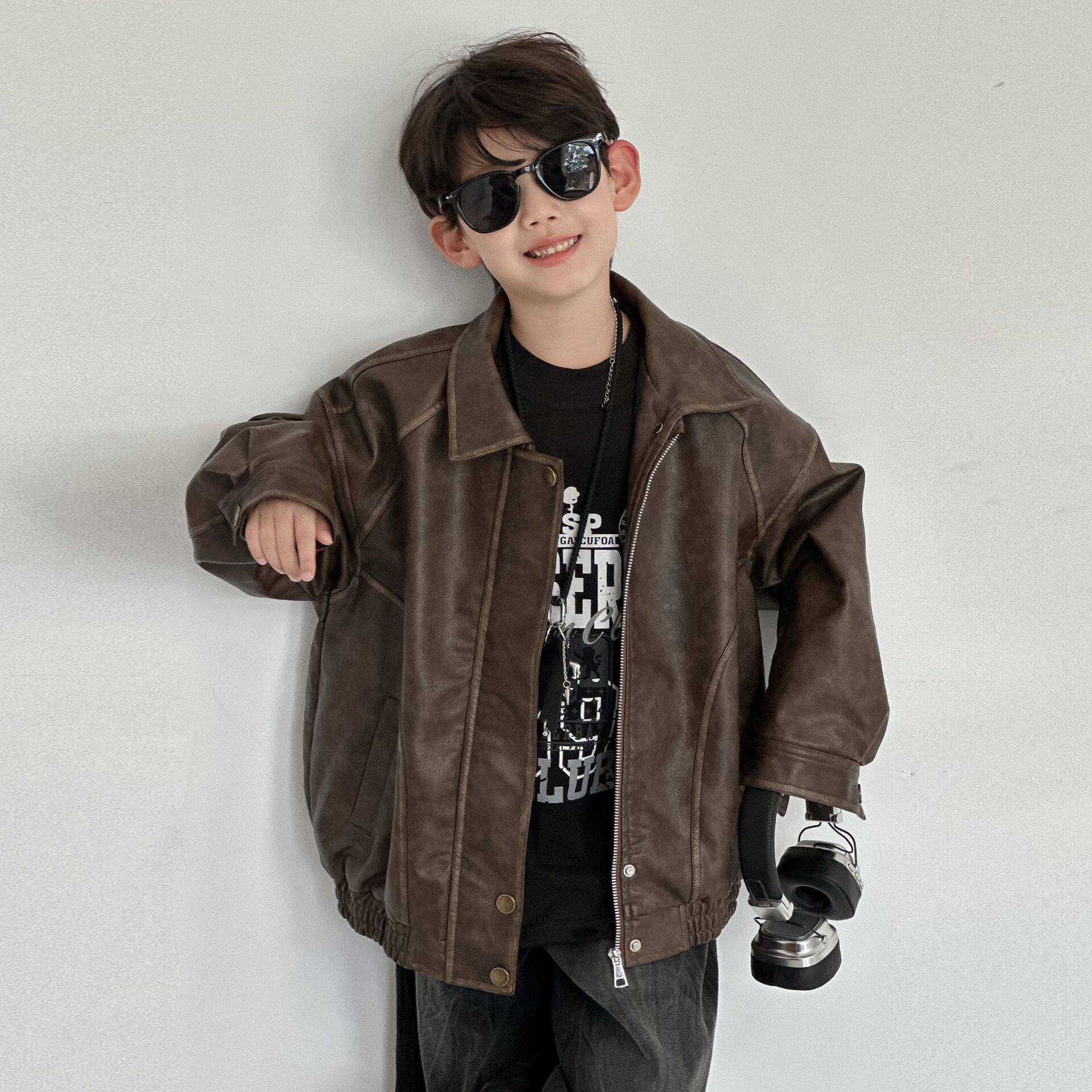 男童秋装皮衣外套2025新款春秋复古港风翻领宽松儿童夹克潮流上衣