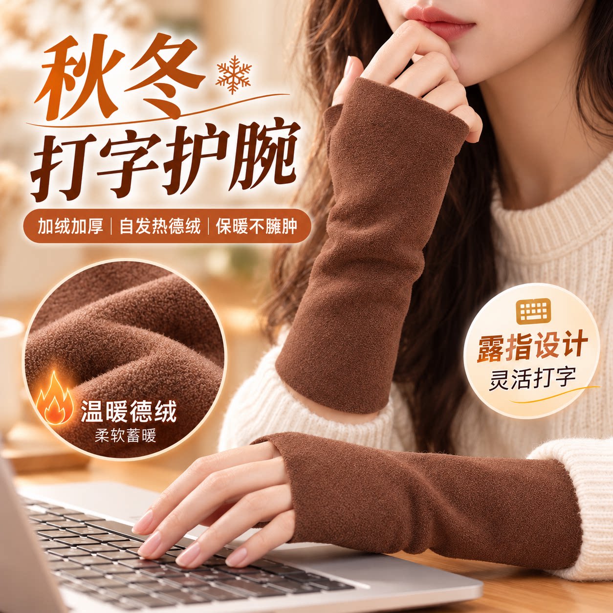 德绒半指手套防寒护腕触屏手套