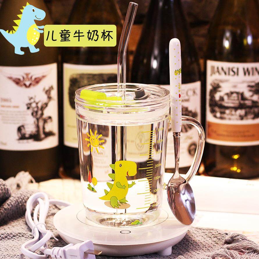 可携带儿童牛奶杯早餐杯微波炉可加热家用带刻度盖吸管玻璃幼儿园