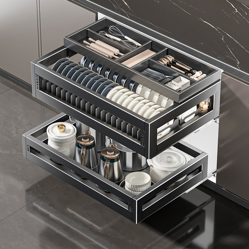 四季沐歌厨房拉篮304不锈钢橱柜内置碗碟篮双层抽屉式碗碟收纳篮,家装主材,拉篮,淘宝优惠券,粉丝福利购,淘宝优惠卷
