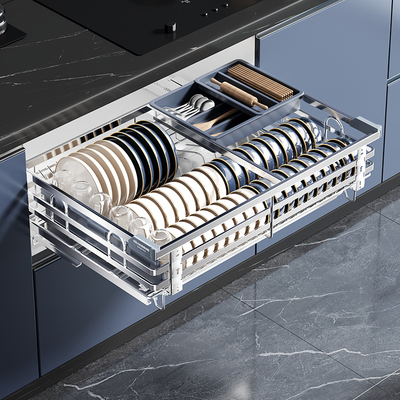 四季沐歌厨房拉篮整体橱柜抽屉式304不锈钢碗碟柜单层内置托 托盘
