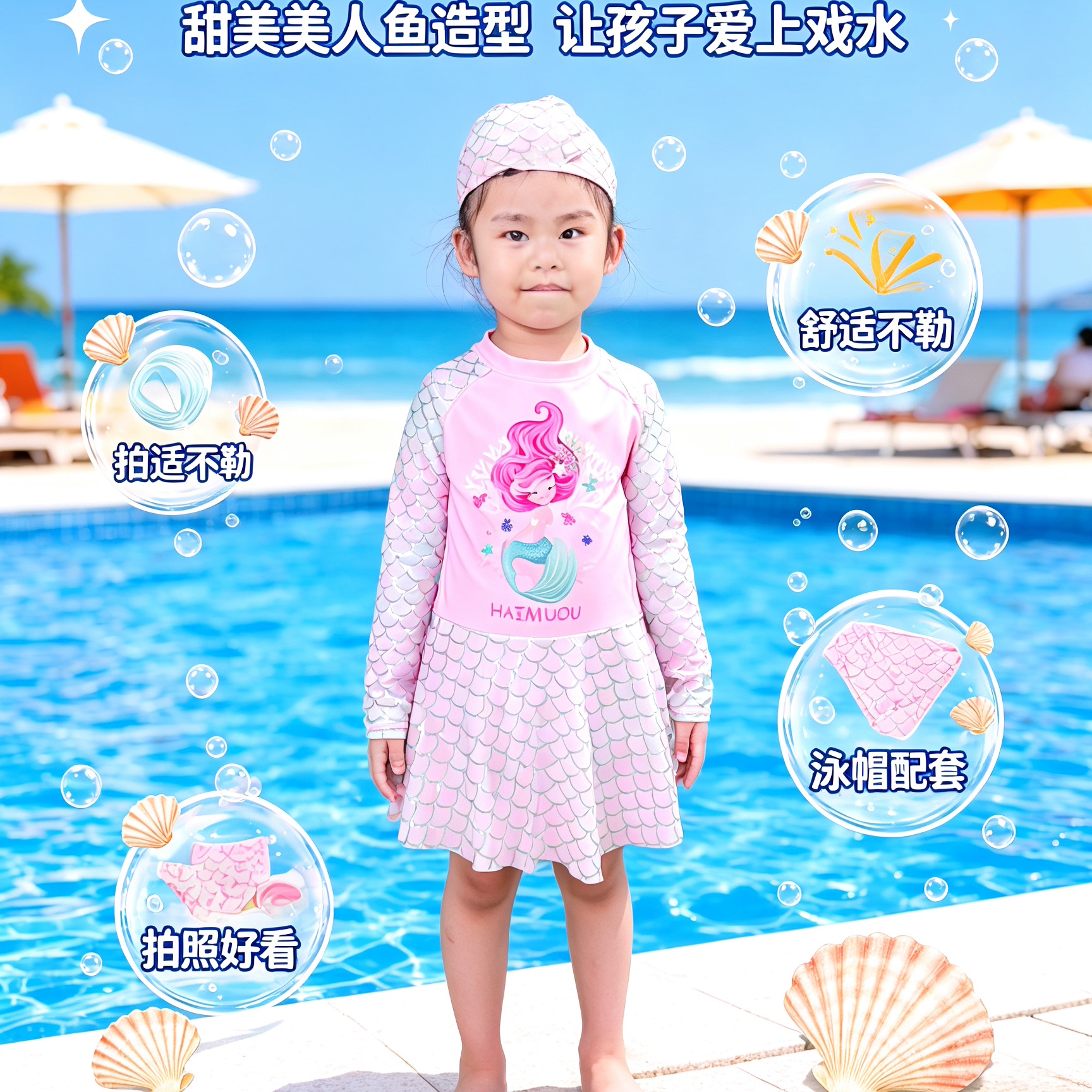 巴尼娜甜美美人鱼造型儿童分体泳衣女童长袖防晒游泳衣套装