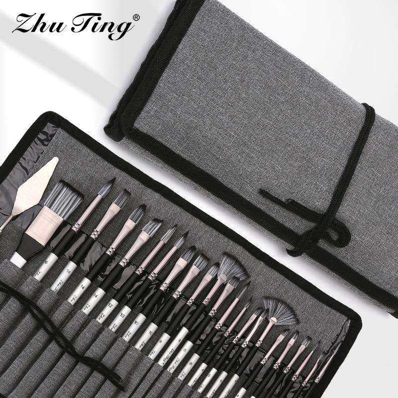 亚马逊热卖24支尼龙毛画笔套装银灰杆笔帘油画笔水粉水彩画笔刷