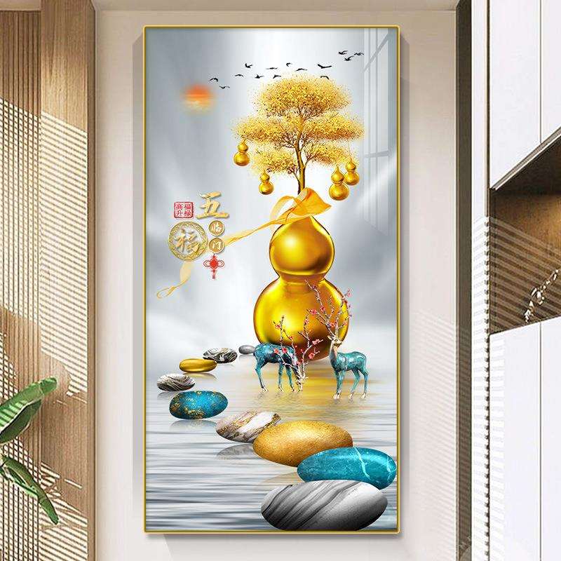 新中式入户玄关走廊过道挂画五福临门大气葫芦福禄玄关晶瓷装饰画