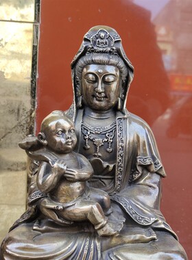 仿古铜观世音菩萨送子观音莲花坐像中式摆件铜童子观音高30公分