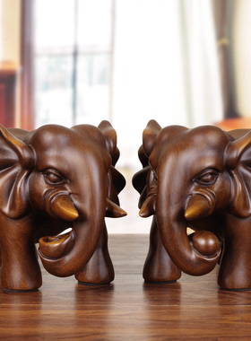 木雕大象摆饰工艺礼品摆饰实木质大号可爱象摆设一对客厅电视酒柜