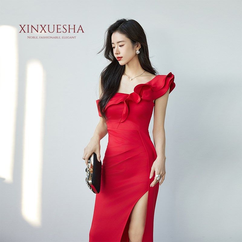 红色晚礼服单肩荷叶边长款鱼尾显瘦高端气质主持人宴会年会演出服