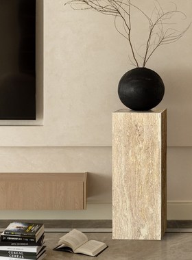 天然大理石底座雕塑台客厅民宿摆件中古风黄洞石柱子装饰墩子落地