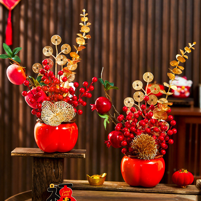 乔迁之喜装饰新居布置创意红果插花盆栽福桶入宅新家客厅桌面摆件