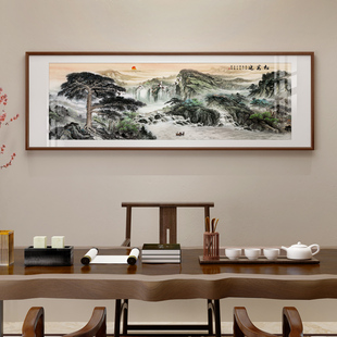 迎客松挂画新中式入户玄关客厅茶室装饰画横版风景山水画客厅壁画
