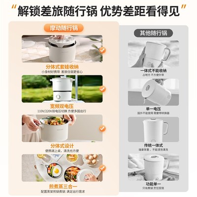 摩动电煮锅旅行锅折叠锅迷你小火锅电热锅出国110v-220V双电压锅