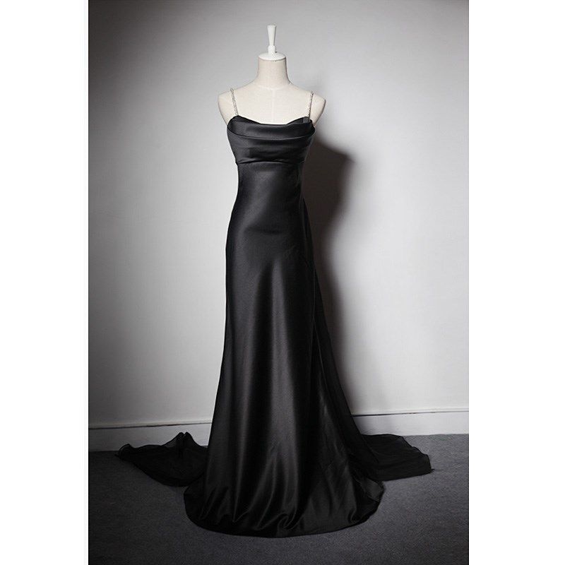 MISSQIAN 气质简约晚礼服黑色吊带礼服party装表演主持服连衣裙女