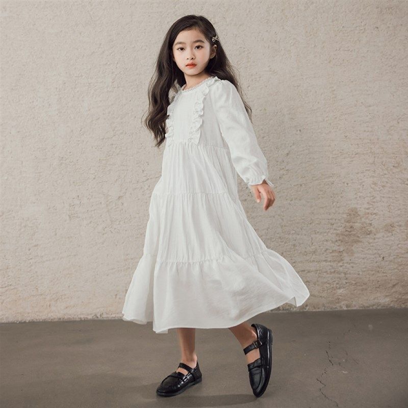2023秋装女童法式温柔风白色连衣裙中大童长袖设计感桔梗大摆长裙