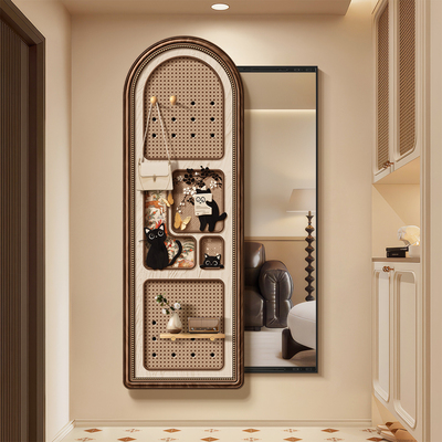 中古风猫咪全身镜装饰画 画推拉隐藏式全身镜玄关客厅暗藏全身镜