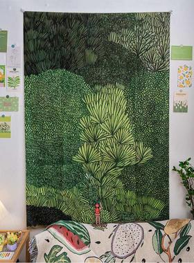 绿色森林插画背景布卧室墙面装饰挂布房间餐厅墙上布置绿植背景墙