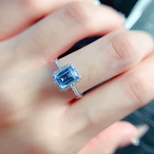 蓝托帕石戒指公主方银饰配件大克拉圣玛利亚色男女情侣银戒指s925