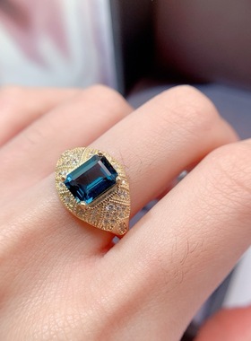 天然伦敦蓝托帕石s925银戒指好看女戴真品正品时尚