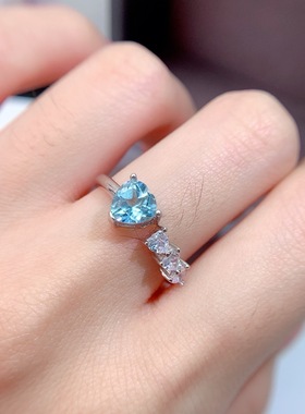 蓝托帕石戒指开口戒精致莫桑钻戒公主戒风男女情侣银戒指小水滴