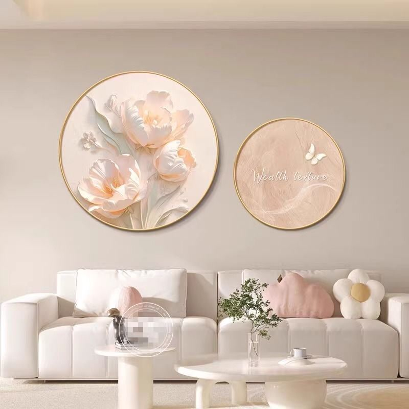 奶油风花卉餐厅装饰画肌理感床头圆形组合挂画温馨治愈系客厅壁画图片