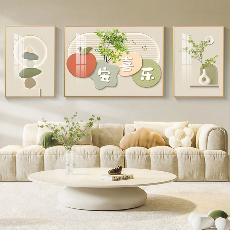 奶油风客厅装饰画现代简约沙发背景墙挂画柿柿如意创意三联壁画图片