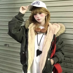 派克服短款羽绒棉服女仿兔毛大毛领2026年新款外套美式复古棉衣