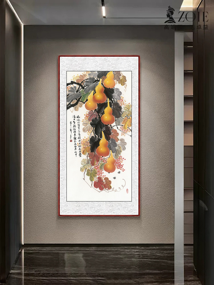 中式手绘国画真迹葫芦福禄图挂画玄关走廊画客厅装饰茶室过道壁画