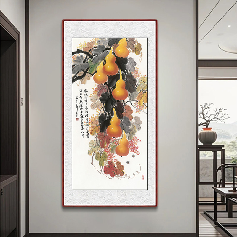 中式手绘国画真迹葫芦福禄图挂画玄关走廊画客厅装饰茶室过道壁画