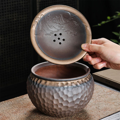 复古双层茶渣缸桌面废水缸垃圾桶干湿分离带过滤粗陶水盂茶洗收纳