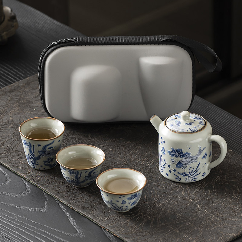 青花缠枝莲旅行茶具快客杯一壶三杯便携户外泡茶壶颜荣聪老师手作
