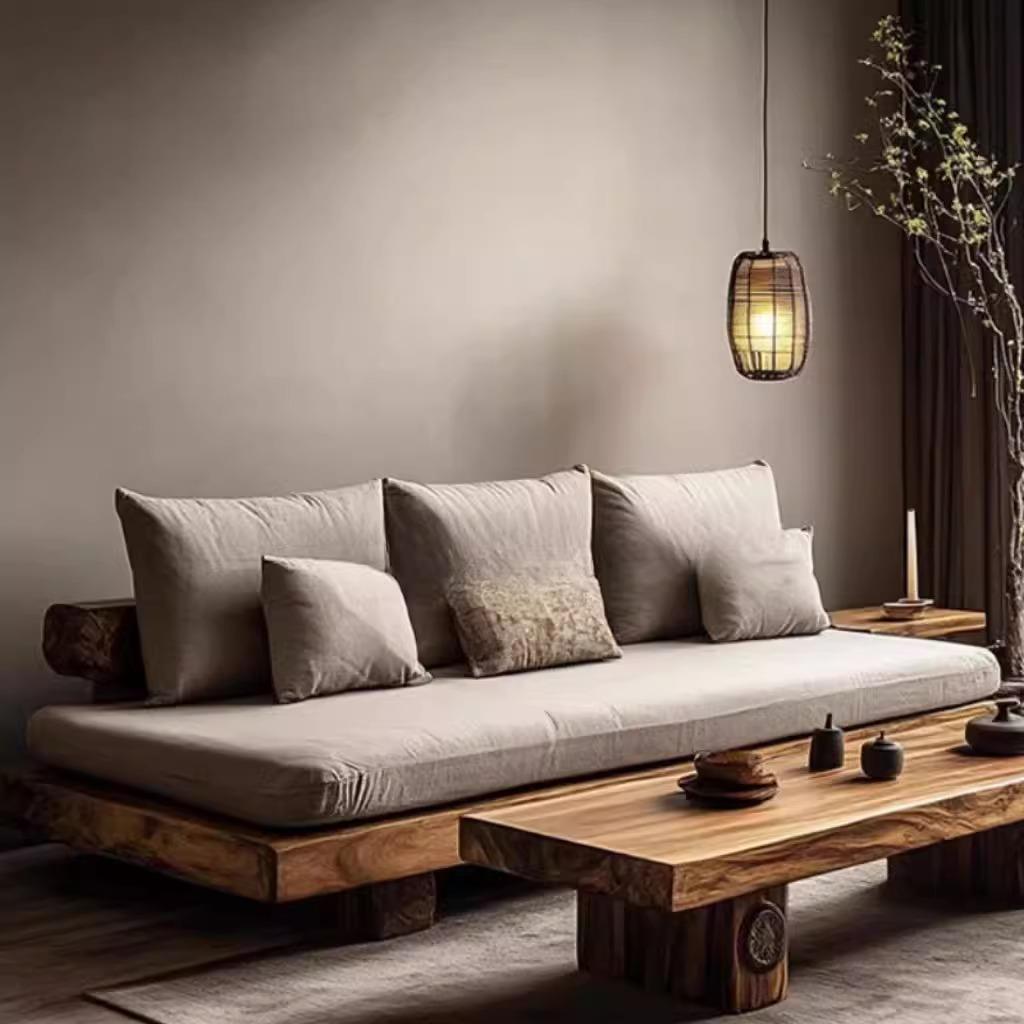 需定制侘寂风实木沙发原木定制高端民宿酒店极简直排大堂中古床禅