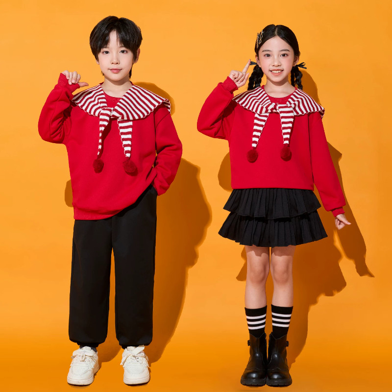 儿童合唱演出服诗歌朗诵红色小学生大合唱团表演服装运动会啦啦队