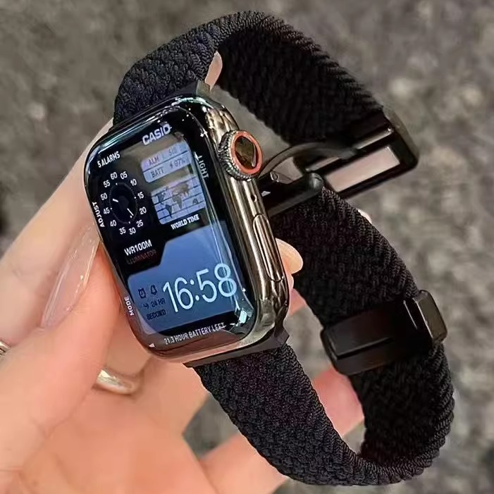 适用iwatchS10新款表带s9苹果手表s8代apple watch7654磁吸折叠扣 ultra编织尼龙弹力个性46mm运动男女款腕带