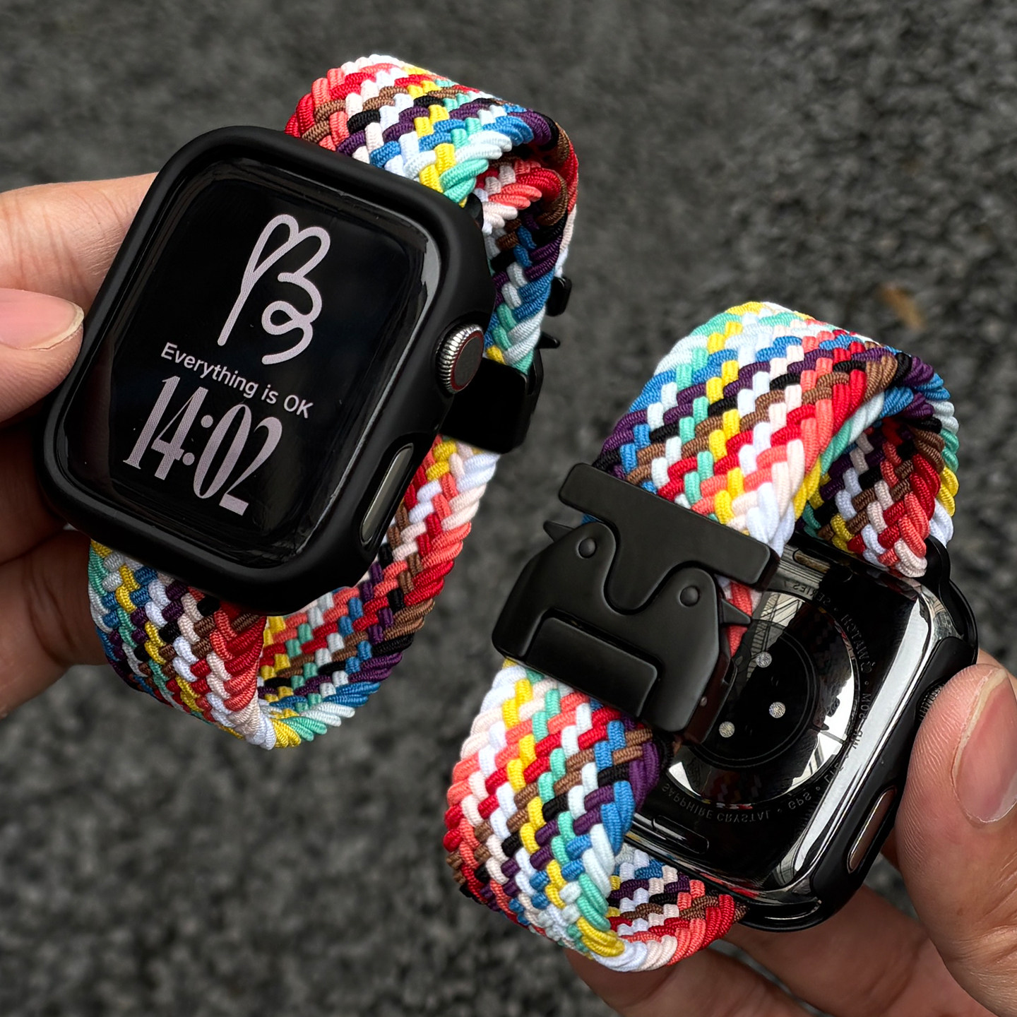 适用苹果手表applewatch9876543代机甲风伞扣iwatchS10弹力尼龙编织表带S11秋冬舒适腕带ultra2官方彩虹表链图片