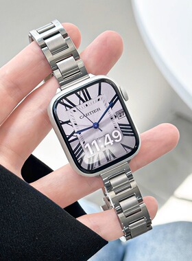 适用于iwatchS10代细款不锈钢表带s9苹果手表applewatchs987小蛮腰蝴蝶扣夏季清凉H款金属s8女生高级轻奢腕带