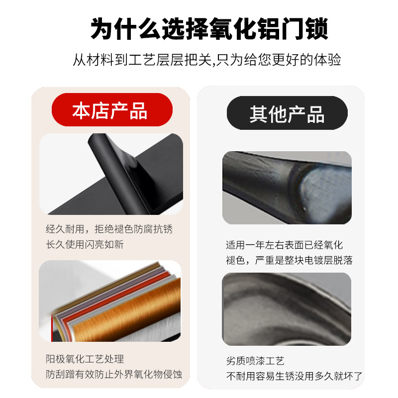 黑色室内卧室房门锁家用氧化太空铝大门锁执手机械磁吸静音木门锁