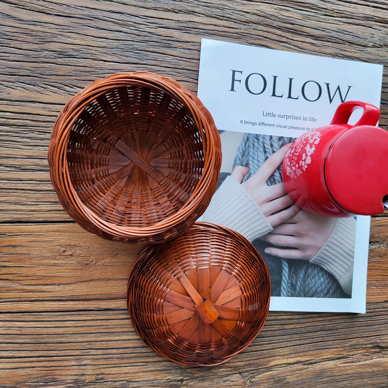 复古竹编南瓜篮带盖子手工编织竹篮竹制品小物件收纳筐拍摄道具