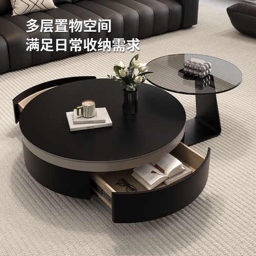 意式轻奢玻璃茶几带抽屉小户型客厅简约高级现代网红极简茶几组合