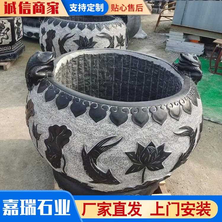 新款直销青石浮雕雕刻鱼缸 青石仿古中式石头缸庭院做旧荷花养鱼