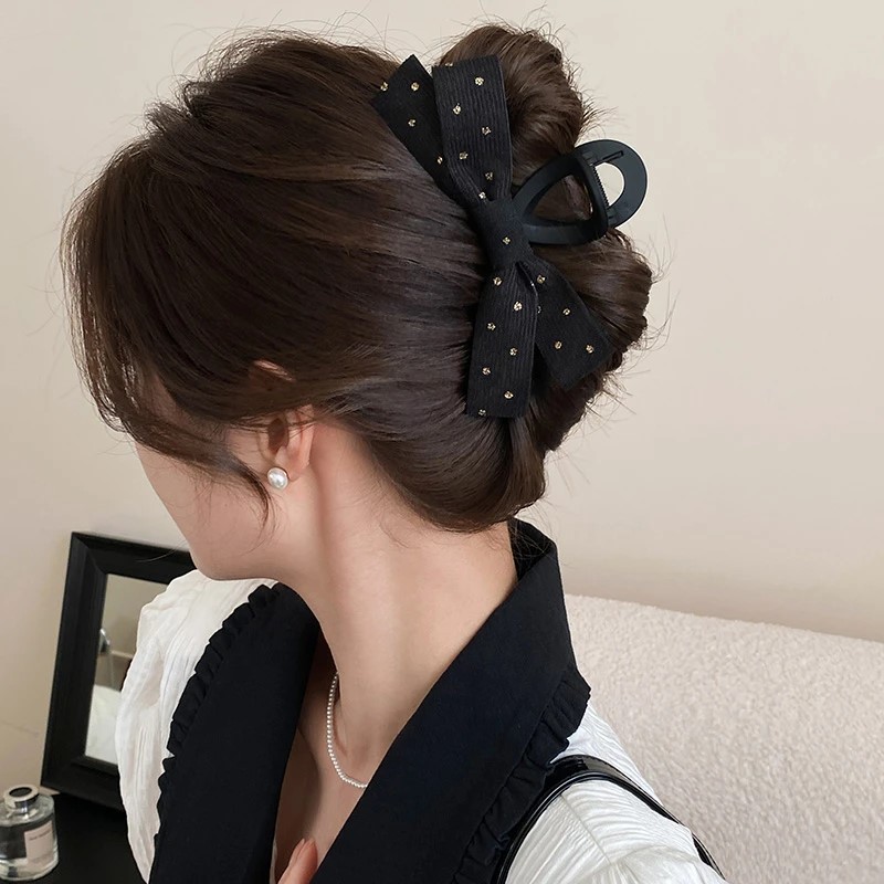 赫本风磨砂波点蝴蝶结抓夹女大号发量多鲨鱼夹盘发半扎发发卡头饰