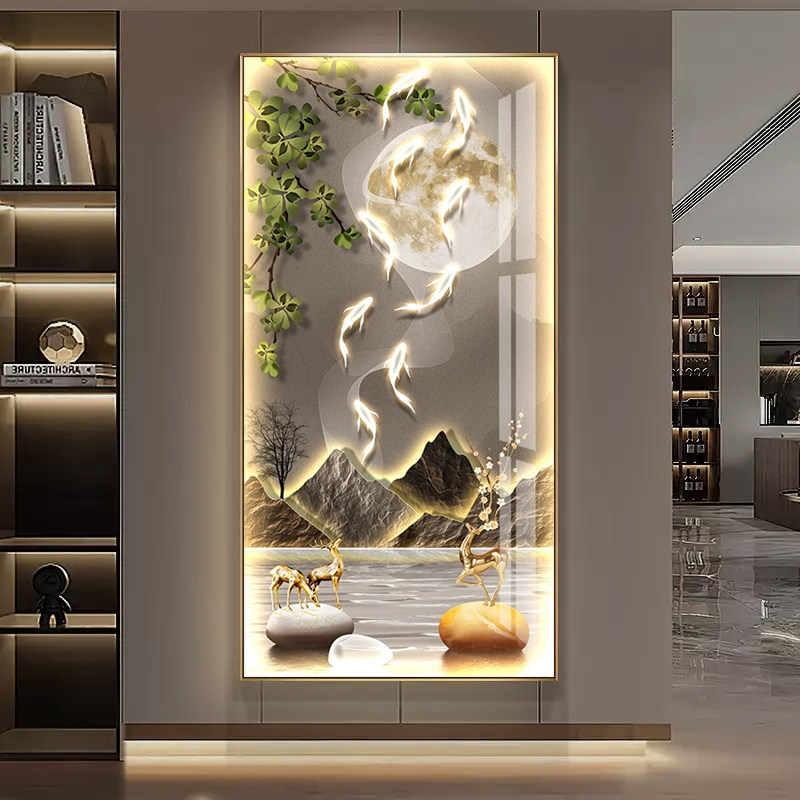 2025新款挂画轻奢LED带灯九鱼图入户玄关装饰画走廊过道壁画竖版