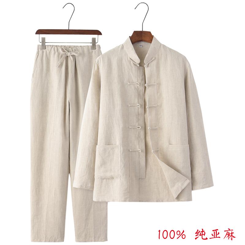 唐装男夏季薄款亚麻长袖