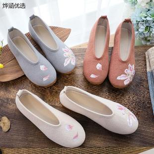 居士鞋女牛津底平底布鞋素色春秋女式单鞋绣荷花道鞋休闲禅鞋圆头