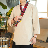 中国风夏棉麻衬衣男七分袖 居士服道袍民族风短袖 斜襟拼接古风汉服