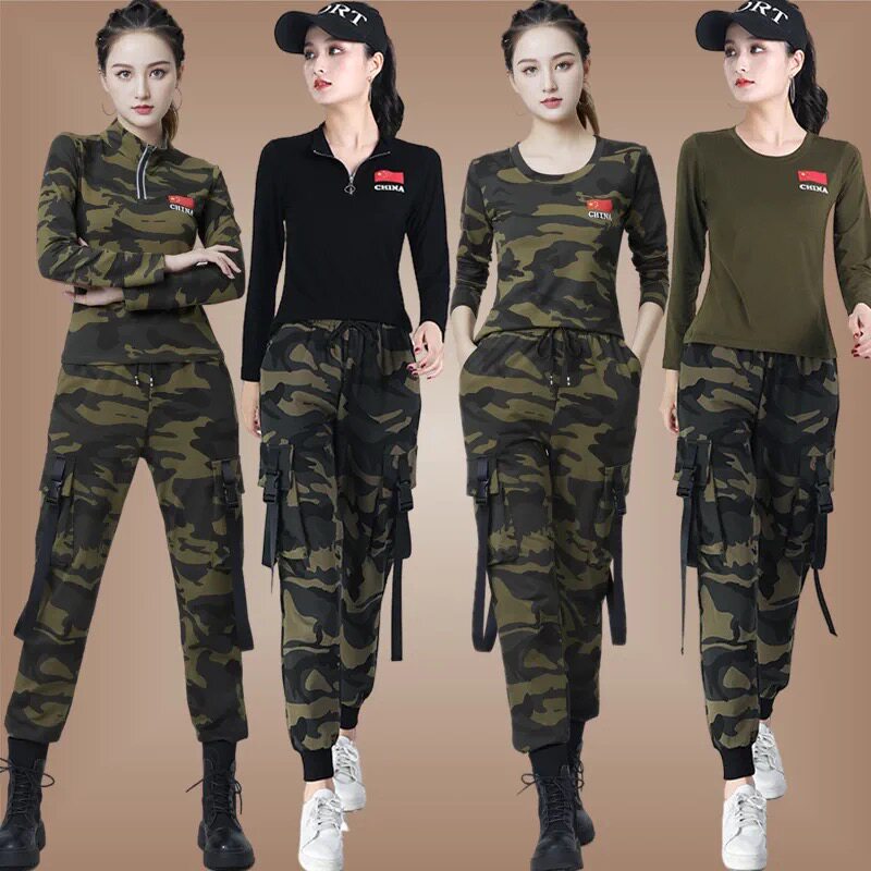 杨丽萍广场舞运动装新款军绿色t恤女工装裤套装水兵舞演出服