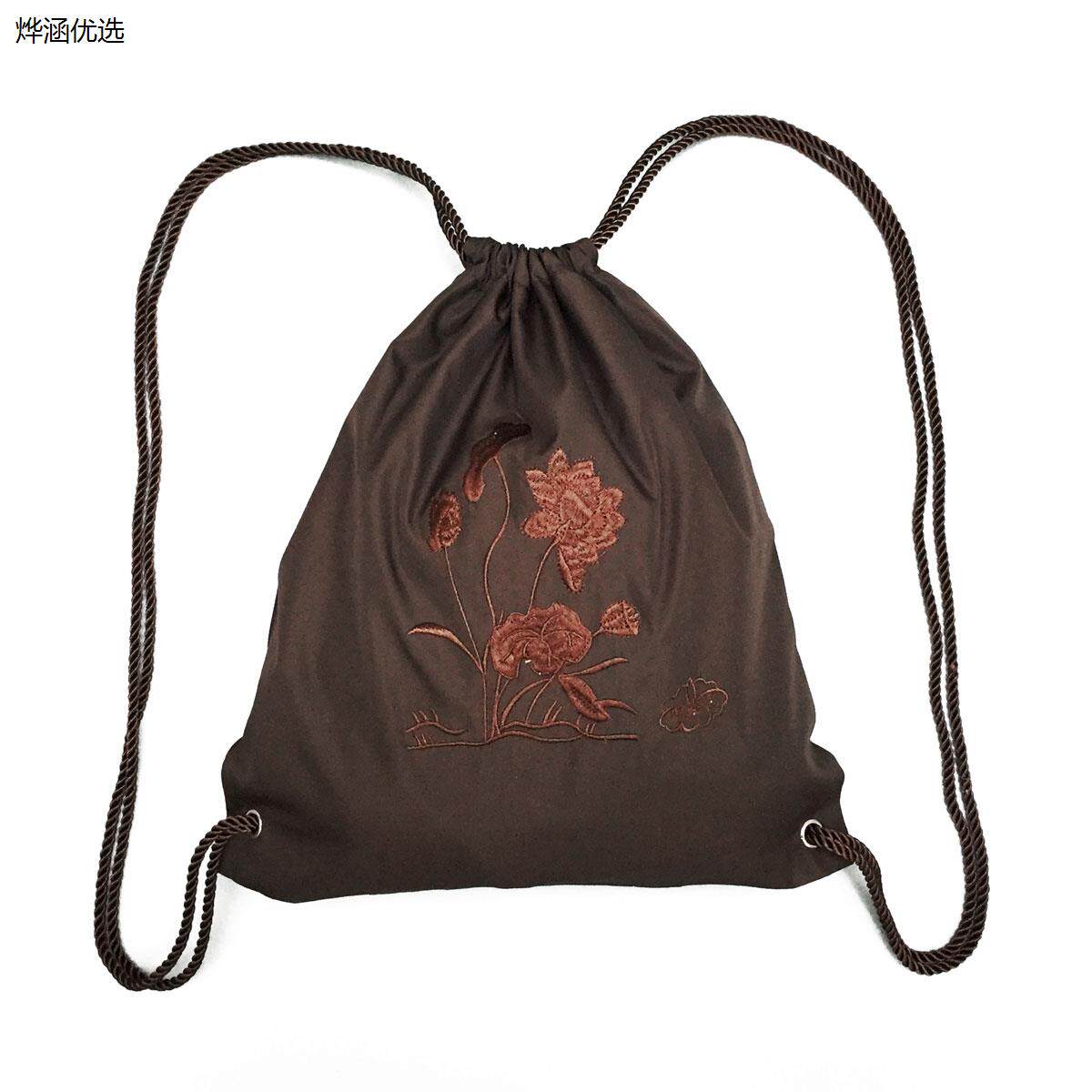 禅修小背包居士双肩包女细绳双背佛包拎包咖啡色比丘尼背袋莲花
