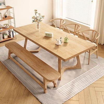 原木色饭桌一桌四椅实木长桌子客厅家用现代简约餐桌书桌一体两用