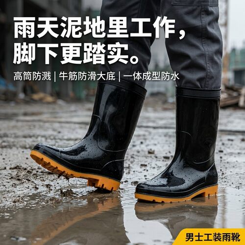男士防水雨鞋高筒牛筋防滑底工地洗车水鞋中雨靴泥地干活加厚耐磨