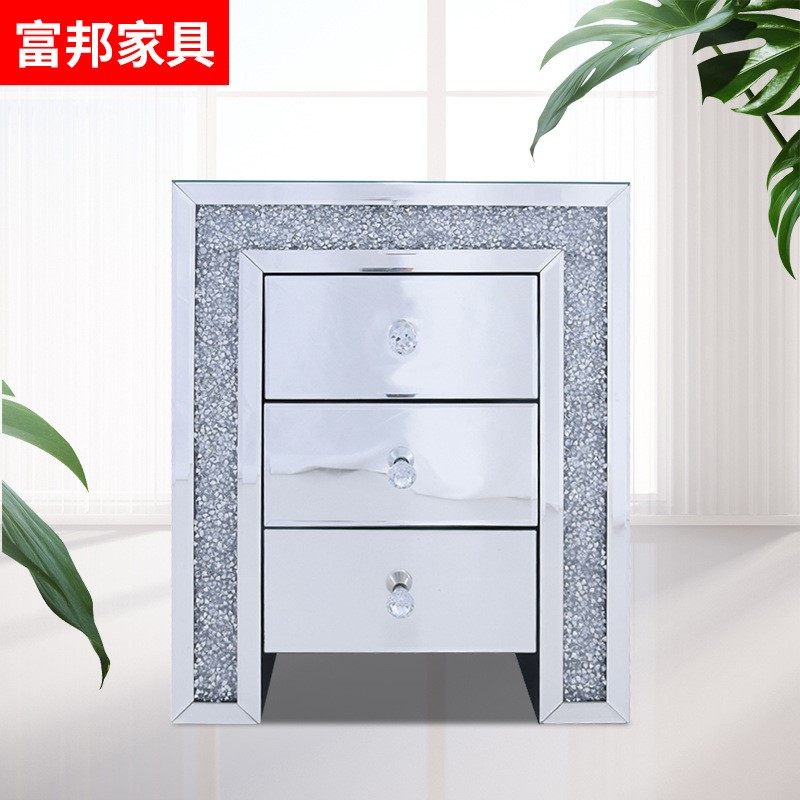 镜面碎钻床头柜现代简约卧室床边柜轻奢多功能家用储物收纳置物柜